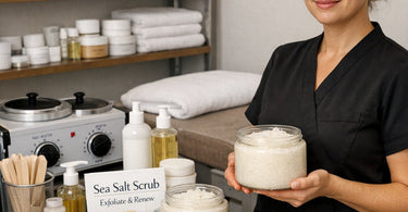 A bowl of natural sea salt scrub with wooden spoon and dried starfish on a bamboo mat for professional spa body treatments.