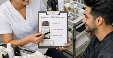 Luxurious white silk pillowcase displayed on a spa bed with a wooden tray of lavender and skincare products, promoting beauty sleep for salon blowout longevity.
