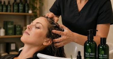 Tea tree oil professional hair care products displayed on a salon counter with fresh leaves.