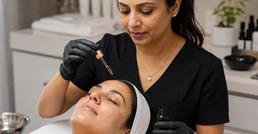 Woman receiving a professional Vitamin A facial serum treatment in a modern spa setting