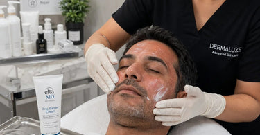 Professional zinc barrier cream being applied to skin post-microneedling treatment to reduce redness and protect the skin barrier.