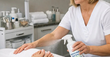 Antimicrobial spray being applied to a client's foot during a waterless pedicure service, highlighting hygiene and safety.