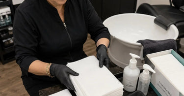 A stack of clean, white disposable pedicure towels neatly arranged on a spa counter, ready for a hygienic professional pedicure service.
