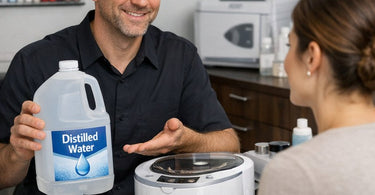 Benefits of using distilled water in salon equipment shown with facial steamer and towel steamer on counter