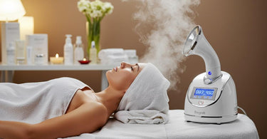 Spa professional using a facial steamer during a treatment