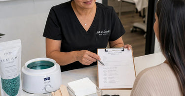 A professional esthetician applying blue film wax for a Brazilian service, showcasing the stripless waxing technique.