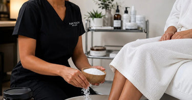 A relaxing pre-massage foot soak using magnesium flakes in a professional spa basin with soft towels and essential oils.