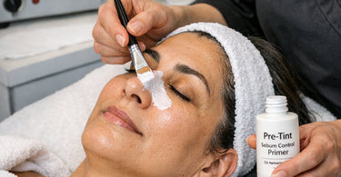 Bottle of pre-tint primer being applied to eyebrows with cotton swab to remove stubborn sebum before professional tinting service