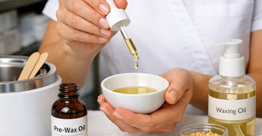 Professional pre-wax oil bottle and waxing supplies arranged on a spa table for sensitive skin care