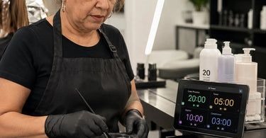 A professional timer display showing countdowns for multiple spa and salon service steps including Color Process, Display, Tower, and Conditioner times.