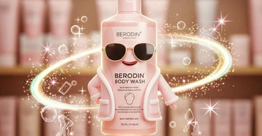 Berodin Body Wash bottle displayed alongside spa towels and botanicals