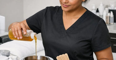 Professional esthetician using a magnifying LED lamp to examine a client's skin for subcutaneous congestion and clogged pores in a spa treatment room.