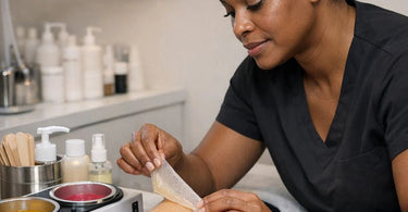 Magnifying lamp illuminating a brow tinting service to accurately check color development in a professional salon studio
