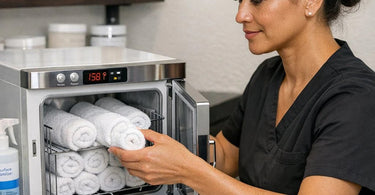 Clean white facial towels neatly stacked inside a professional stainless steel towel steamer, demonstrating proper mold-free heating methods for spa use.