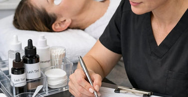 Lash artist documenting client lash tint formula changes in a file with a pen, surrounded by professional lash tint supplies from Pure Spa Direct.