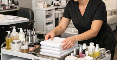 Organized dual station manicure and pedicure cart with nail polishes, tools, and towels on display.