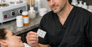 Professional esthetician applying hard wax to a client's brow area, illustrating safe waxing practices for clients using prescription acne medications.