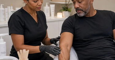 A professional aesthetician providing a gentle and effective waxing service to a mature client, showcasing proper technique and care for skin with loss of elasticity.