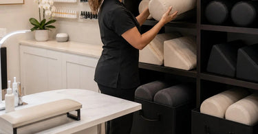 Innovative storage solutions for bulky massage bolsters and wedges, featuring a clean and organized treatment room with bolsters neatly stored on shelves and in cubbies.