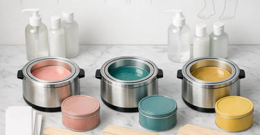 Collage of wax types for different body areas including bikini, Brazilian, face, underarm, back, and full body waxing supplies from Pure Spa Direct.