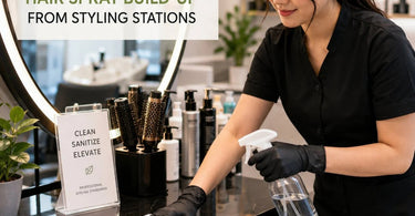 A clean and professional salon styling station free from hair spray build-up, featuring cleaning products and tools.
