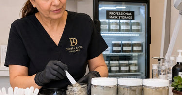 Best Ways To Store Pre-Mixed Professional Mud Masks display featuring a glass jar of green mud mask with a wooden scoop on a spa counter