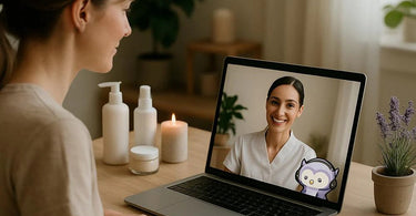 Spa professional conducting a virtual consultation with a client on a laptop