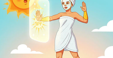 Woman applying sunscreen at the beach with sun rays in the background