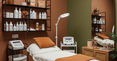 Professional waxing room setup with wax warmer, table, and organized supplies
