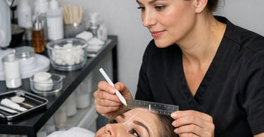 Brow mapping techniques for symmetry before tinting with professional tools and white pencil markings on a client's eyebrows