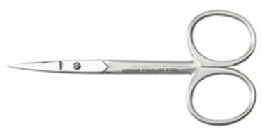 Professional grade stainless steel brow scissors with curved blades for precise eyebrow shaping