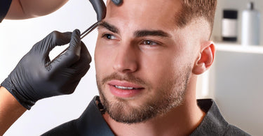 Brow shaping service being performed in a spa salon by a professional beauty expert