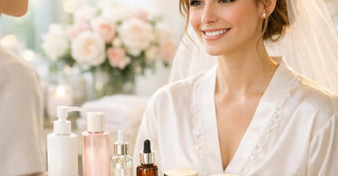 A serene spa setup for bridal skincare featuring luxurious towels, facial products, and a glowing ring, symbolizing pre-wedding beauty preparation.