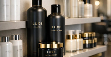 A beautifully organized and well-lit salon retail wall featuring high-end professional hair care products, shampoos, conditioners, and styling items from top brands.