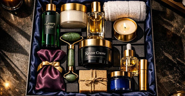 A beautifully curated spa subscription box filled with professional homecare products, including bottles of serum, a jar of cream, a body brush, and a rolled towel, presented on a spa towel with eucalyptus leaves.