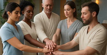 A diverse group of spa and salon professionals laughing and collaborating together in a modern treatment room