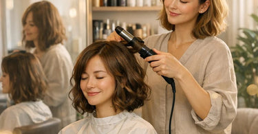 A stylist finishing a client's haircut, both smiling and looking at the camera, capturing the moment of transformation and confidence.