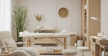 Luxury spa furniture setup featuring massage tables, pedicure chairs, and serene decor for a tranquil salon environment