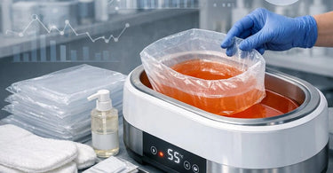 Close-up of a spa professional performing a paraffin wax hand treatment, showing the warm wax being applied for ultra-smooth skin.
