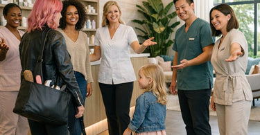 A spa professional smiling while discussing appointment details with a client at a modern reception desk