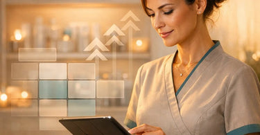 A spa professional smiling confidently while holding a tablet, representing clear business communication and professional boundaries in a salon setting.