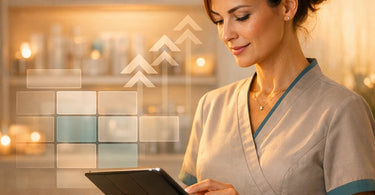 A spa professional smiling confidently while holding a tablet, representing clear business communication and professional boundaries in a salon setting.