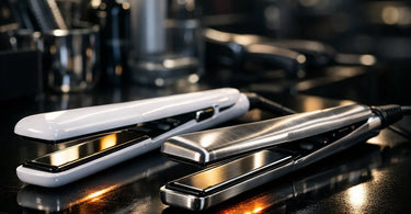Close-up comparison of a ceramic plate flat iron and a titanium plate flat iron on a salon styling station