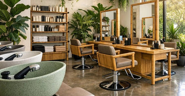 A modern spa salon featuring sustainable furniture including bamboo side tables and chairs with recycled plastic elements in a serene, natural setting