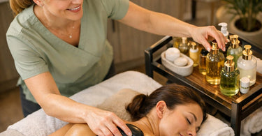 A therapist's hands skillfully performing hot stone massage on a client's back, with smooth basalt stones and a bottle of massage oil nearby.