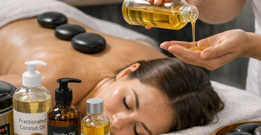 Assorted massage base oils including coconut, almond, and jojoba with hot basalt stones on a bamboo mat for professional spa treatments.