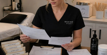 A neatly arranged spa desk featuring a clipboard with a client intake form, a pen, a small plant, and a bottle of oil, symbolizing the choice between paper-based and digital client record systems for spas.