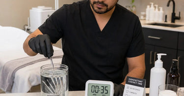 A close-up image of a disinfectant solution timer set to 00:35 minutes, emphasizing the importance of tracking contact time for proper sanitation in a spa or salon environment.