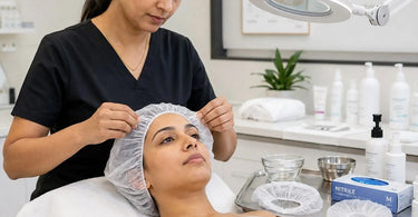 A collage showing different types of disposable caps used in salons and spas for facial and scalp services, highlighting variety and professional use.