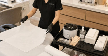 A professional display of a Luxewax roll-on waxing system and various disposable sheets on a spa treatment table, highlighting the importance of choosing the right disposable sheets for high-volume waxing.